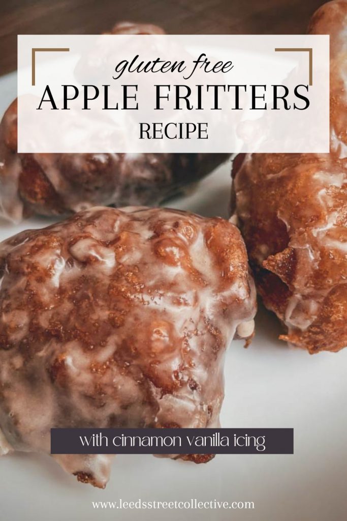 close up of apple fritters with text "Gluten free apple fritters recipe with cinnamon vanilla icing" overlaid