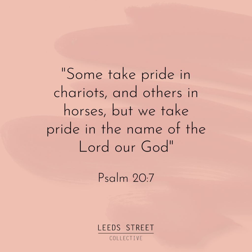 a pretty pink textured background with the verse Psalm 20:7 overlaid in black text talking about take pride in the name of the Lord